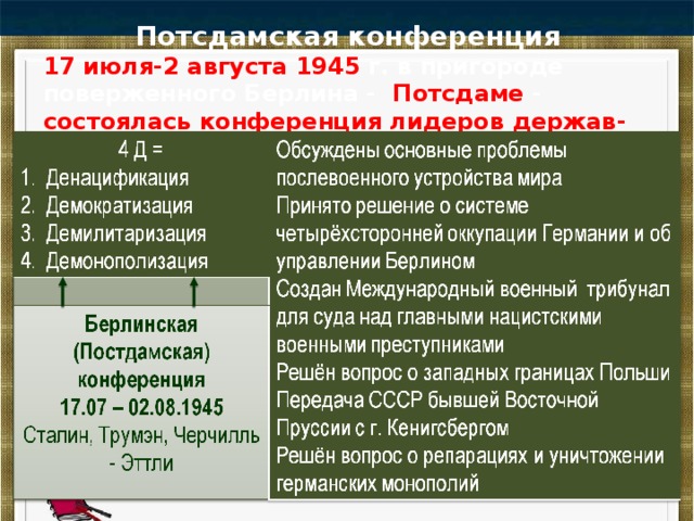 Потсдамская конференция 17 июля-2 августа 1945 г. в пригороде поверженного Берлина - Потсдаме - состоялась конференция лидеров держав-победительниц. 