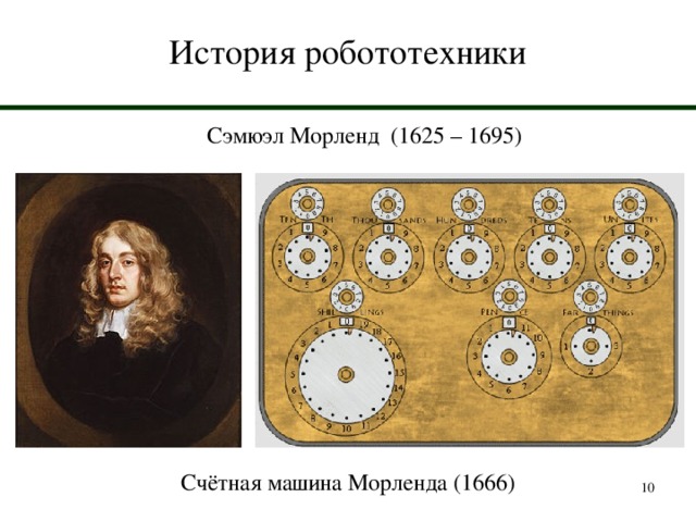 История робототехники Сэмюэл Морленд (1625 – 1695) Счётная машина Морленда (1666)  