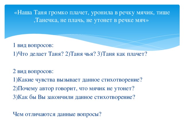 «Наша Таня громко плачет, уронила в речку мячик, тише ,Танечка, не плачь, не утонет в речке мяч»   1 вид вопросов: 1)Что делает Таня? 2)Таня чья? 3)Таня как плачет? 2 вид вопросов: 1)Какие чувства вызывает данное стихотворение? 2)Почему автор говорит, что мячик не утонет? 3)Как бы Вы закончили данное стихотворение? Чем отличаются данные вопросы? 