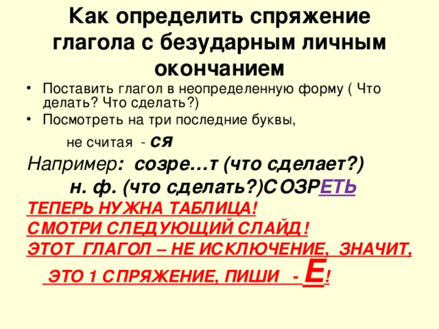 Как определить спряжение глагола с безударным личным окончанием схема