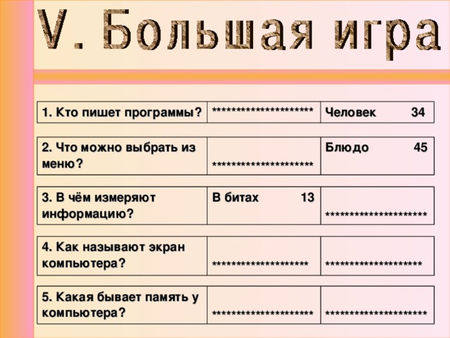 1. Кто пишет программы? ********************* Человек 34 2. Что можно выбрать из меню?  ********************* Блюдо 45 3. В чём измеряют информацию? В битах 13  ********************* 4. Как называют экран компьютера?   ********************   ******************** 5. Какая бывает память у компьютера?  *********************  ********************* 