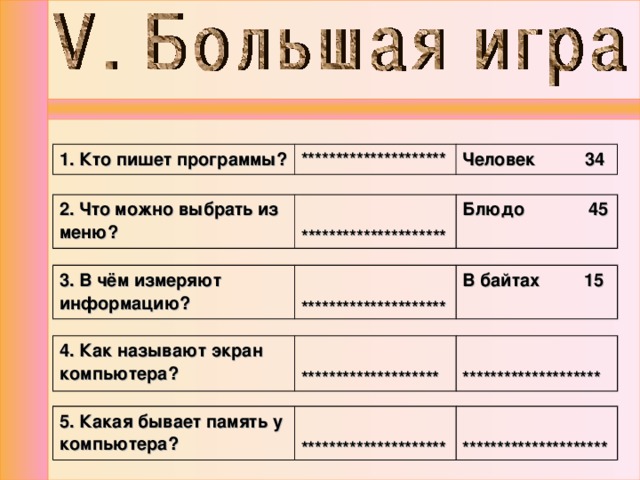 1. Кто пишет программы? ********************* Человек 34 2. Что можно выбрать из меню?  ********************* Блюдо 45 3. В чём измеряют информацию?  ********************* В байтах 15 4. Как называют экран компьютера?   ********************   ******************** 5. Какая бывает память у компьютера?  *********************  ********************* 