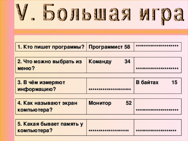 1. Кто пишет программы? Программист 58 ********************* 2. Что можно выбрать из меню? Команду 34  ********************* 3. В чём измеряют информацию?  ********************* В байтах 15 4. Как называют экран компьютера? Монитор 52   ********************* 5. Какая бывает память у компьютера?   ********************   ******************** 