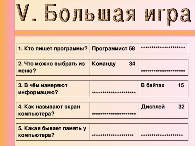 1. Кто пишет программы? Программист 58 ********************* 2. Что можно выбрать из меню? Команду 34  ********************* 3. В чём измеряют информацию?  ********************* В байтах 15 4. Как называют экран компьютера?  ********************* Дисплей 32 5. Какая бывает память у компьютера?   ********************   ******************** 