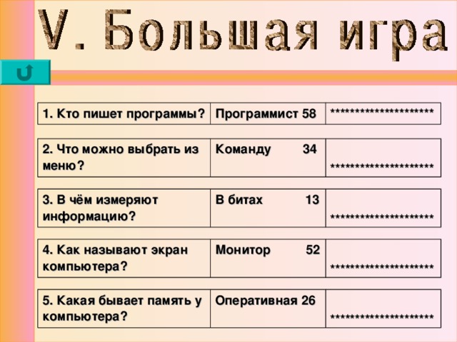 1. Кто пишет программы? Программист 58 ********************* 2. Что можно выбрать из меню? Команду 34  ********************* 3. В чём измеряют информацию? В битах 13  ********************* 4. Как называют экран компьютера? Монитор 52   ********************* 5. Какая бывает память у компьютера? Оперативная 26   ********************* 