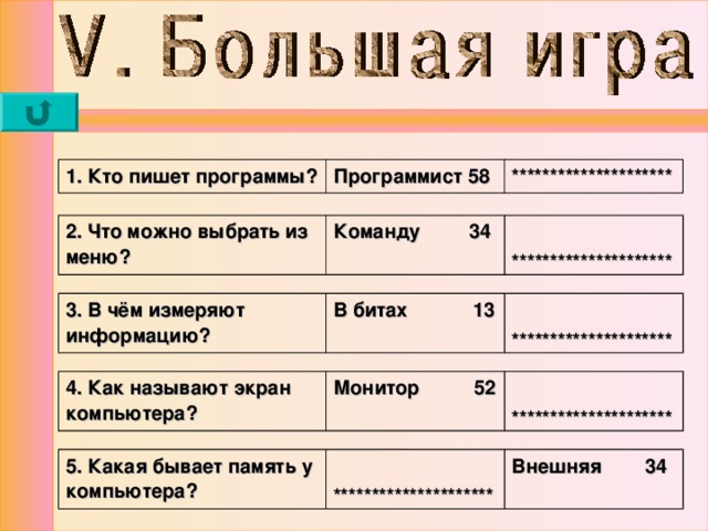 1. Кто пишет программы? Программист 58 ********************* 2. Что можно выбрать из меню? Команду 34  ********************* 3. В чём измеряют информацию? В битах 13  ********************* 4. Как называют экран компьютера? Монитор 52   ********************* 5. Какая бывает память у компьютера?  ********************* Внешняя 34 