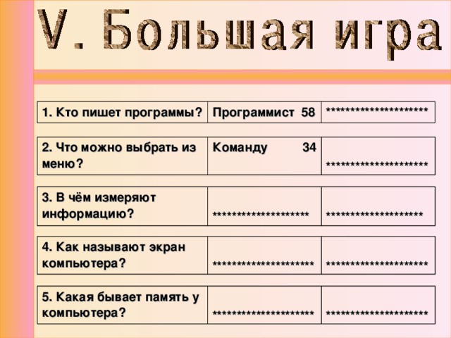 1. Кто пишет программы? Программист 58 ********************* 2. Что можно выбрать из меню? Команду 34  ********************* 3. В чём измеряют информацию?   ********************   ******************** 4. Как называют экран компьютера?  *********************  ********************* 5. Какая бывает память у компьютера?  *********************  ********************* 