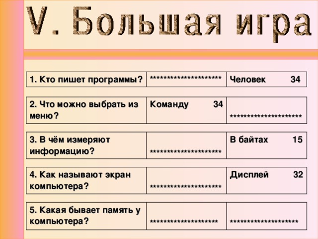 1. Кто пишет программы? ********************* Человек 34 2. Что можно выбрать из меню? Команду 34  ********************* 3. В чём измеряют информацию?  ********************* В байтах 15 4. Как называют экран компьютера?  ********************* Дисплей 32 5. Какая бывает память у компьютера?   ********************   ******************** 