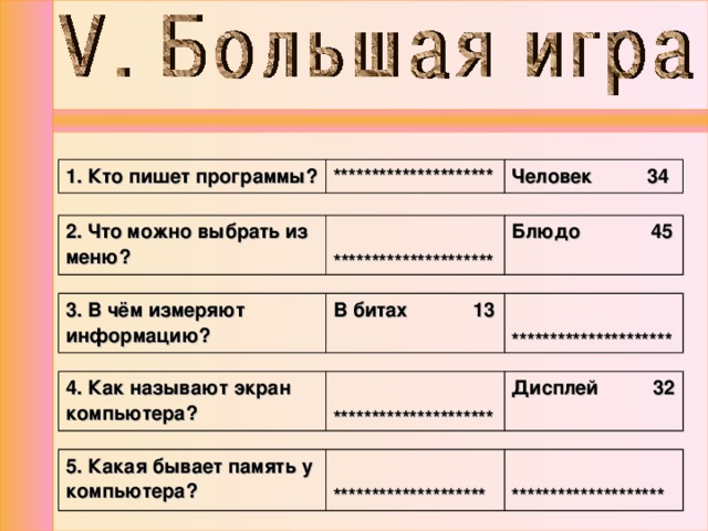 1. Кто пишет программы? ********************* Человек 34 2. Что можно выбрать из меню?  ********************* Блюдо 45  3. В чём измеряют информацию? В битах 13  ********************* 4. Как называют экран компьютера?  ********************* Дисплей 32 5. Какая бывает память у компьютера?   ********************   ******************** 