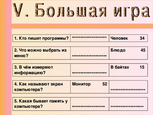1. Кто пишет программы? ********************* Человек 34 2. Что можно выбрать из меню?  ********************* Блюдо 45 3. В чём измеряют информацию?  ********************* В байтах 15  4. Как называют экран компьютера? Монитор 52  ********************* 5. Какая бывает память у компьютера?   ********************   ******************** 