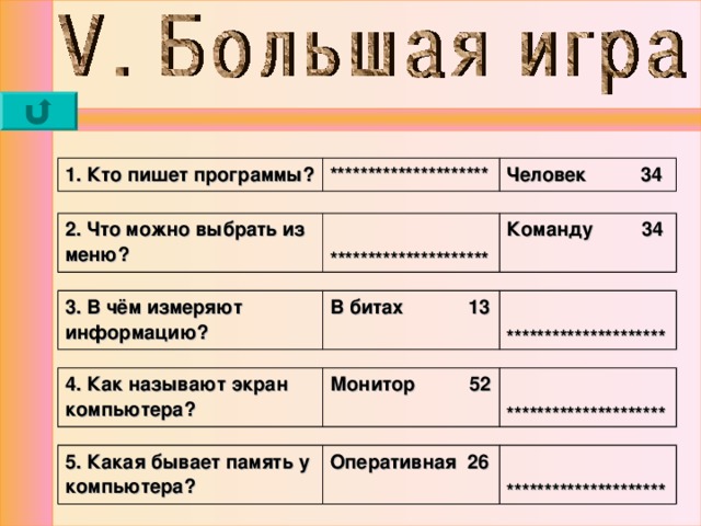 1. Кто пишет программы? ********************* Человек 34 2. Что можно выбрать из меню?  ********************* Команду 34  3. В чём измеряют информацию? В битах 13  ********************* 4. Как называют экран компьютера? Монитор 52  ********************* 5. Какая бывает память у компьютера? Оперативная 26  ********************* 