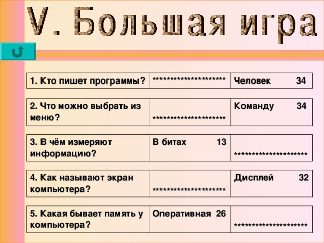 1. Кто пишет программы? ********************* Человек 34 2. Что можно выбрать из меню?  ********************* Команду 34  3. В чём измеряют информацию? В битах 13  ********************* 4. Как называют экран компьютера?  ********************* Дисплей 32  5. Какая бывает память у компьютера? Оперативная 26  ********************* 