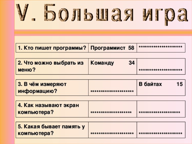 1. Кто пишет программы? Программист 58 ********************* 2. Что можно выбрать из меню? Команду 34  ********************* 3. В чём измеряют информацию?  ********************* В байтах 15 4. Как называют экран компьютера?   ********************   ******************** 5. Какая бывает память у компьютера?  *********************  ********************* 