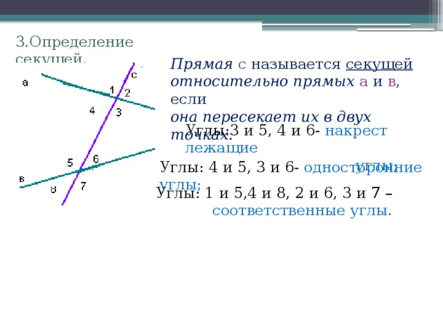 В одной полуплоскости относительно прямой. Прямая называется секущей. Прямая называется секущей если она пересекает. Накрест лежащие относительно прямой. Определение секущей прямых.