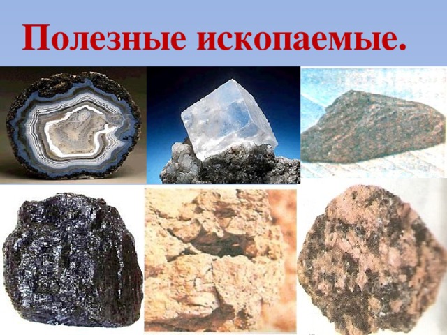 Полезные ископаемые. Каменная соль Железная руда Агат Гранит Глина Каменный уголь. 