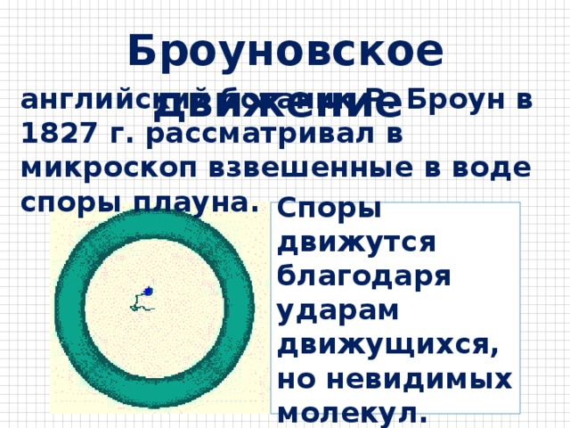 Броуновское движение английский ботаник Р. Броун в 1827 г. рассматривал в микроскоп взвешенные в воде споры плауна. Споры движут­ся благодаря ударам движущихся, но невидимых молекул. 