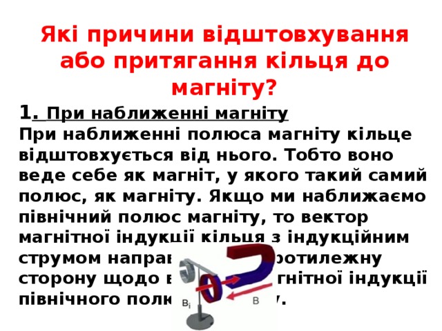 Які причини відштовхування або притягання кільця до магніту? 1 . При наближенні магніту При наближенні полюса магніту кільце відштовхується від нього. Тобто воно веде себе як магніт, у якого такий самий полюс, як магніту. Якщо ми наближаємо північний полюс магніту, то вектор магнітної індукції кільця з індукційним струмом направлений в протилежну сторону щодо вектора магнітної індукції північного полюса магніту.   
