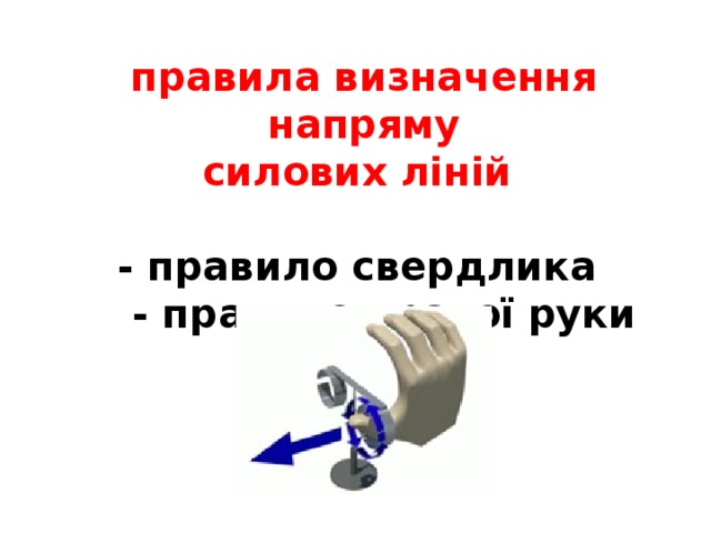 правила визначення напряму силових ліній  - правило свердлика  - правило правої руки 
