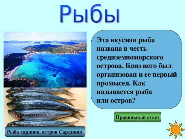 Эта вкусная рыба названа в честь средиземноморского острова. Близ него был организован и ее первый промысел. Как называется рыба или остров? Правильный ответ Рыба сардина, остров Сардиния 