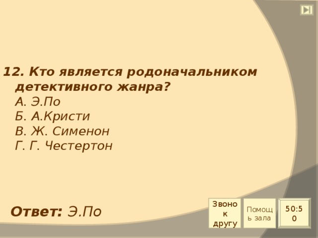 12. Кто является родоначальником детективного жанра?  А. Э.По  Б. А.Кристи  В. Ж. Сименон  Г. Г. Честертон Звонок другу Помощь зала 50:50 Ответ: Э.По 