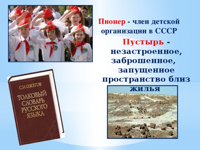 Пионер - член детской  организации в СССР Пустырь - незастроенное, заброшенное, запущенное пространство близ жилья