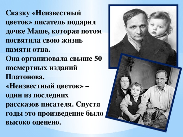 Сказку «Неизвестный цветок» писатель подарил дочке Маше, которая потом посвятила свою жизнь памяти отца.  Она организовала свыше 50 посмертных изданий Платонова.  «Неизвестный цветок» – один из последних рассказов писателя. Спустя годы это произведение было высоко оценено.