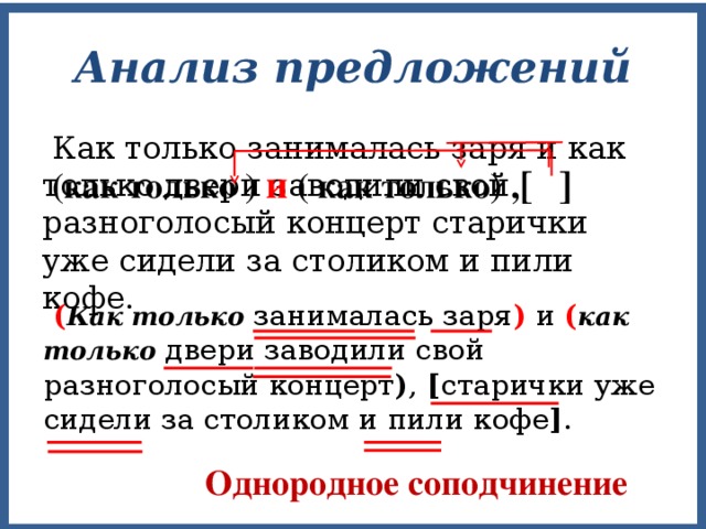 Анализ предложений  Как только занималась заря и как только двери заводили свой разноголосый концерт старички уже сидели за столиком и пили кофе.  (как только ) и ( как только) , [  ]  ( Как только занималась заря ) и ( как только двери заводили свой разноголосый концерт ) , [ старички уже сидели за столиком и пили кофе ] . Однородное соподчинение 