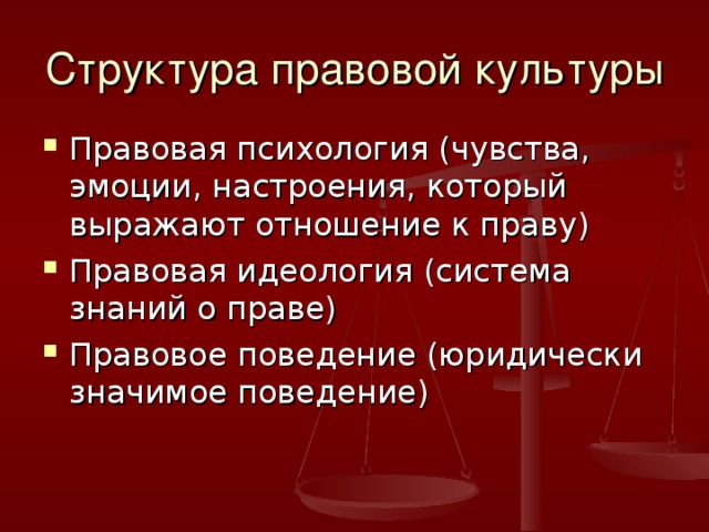 Понятие и структура правовой культуры. Структура правовой культуры. Правовая идеология. Структура правовой психологии. Элементы правовой идеологии.