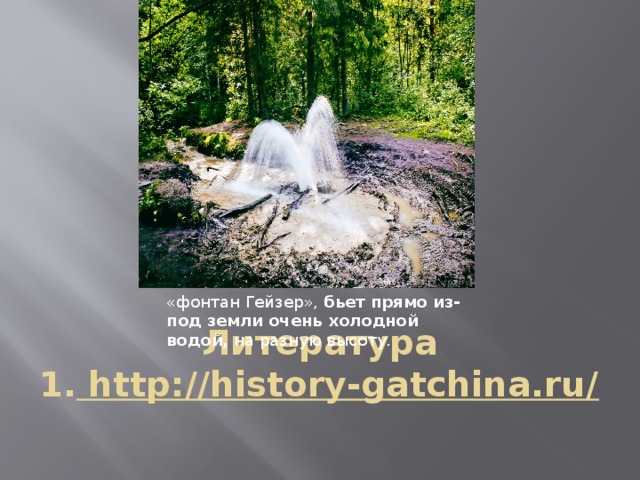 «фонтан Гейзер», бьет прямо из-под земли очень холодной водой, на разную высоту.          Литература  1. http://history-gatchina.ru/    