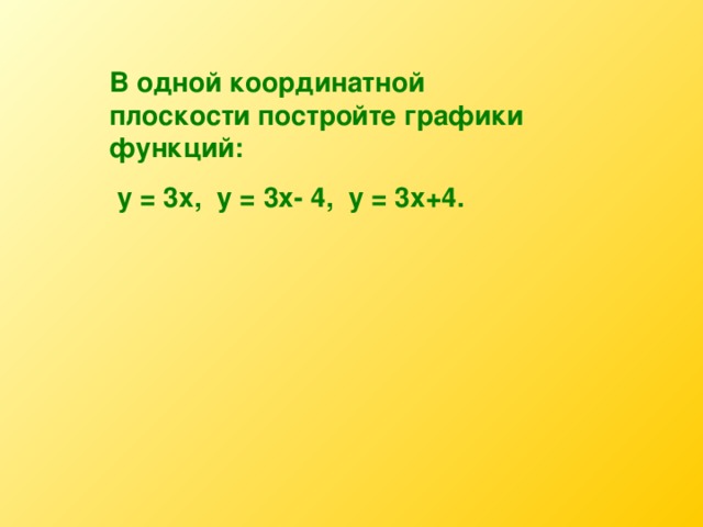В одной координатной плоскости постройте графики функций:  у = 3х, у = 3х- 4, у = 3х+4.