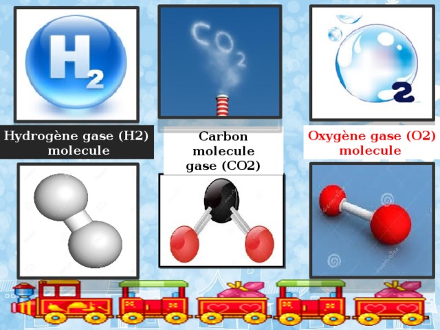 Hydrogène gase (H2)  molecule Oxygène gase (O2)  molecule Carbon molecule  gase (CO2) 