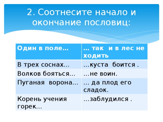 2. Соотнесите начало и окончание пословиц: Один в поле… … так и в лес не ходить В трех соснах… … куста боится . Волков бояться… … не воин. Пуганая ворона… … да плод его сладок. Корень учения горек… … заблудился . 