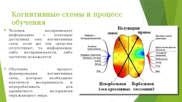 Когнитивные схемы и процесс обучения Человек воспринимает информацию с помощью доступных ему когнитивных схем, если же эти средства отсутствуют, то информация, либо воспринимается, либо частично искажается. Обучение - процесс формирования когнитивных схем, которые необходимо научиться воспринимать и перерабатывать для адекватного восприятия окружающего мира. 