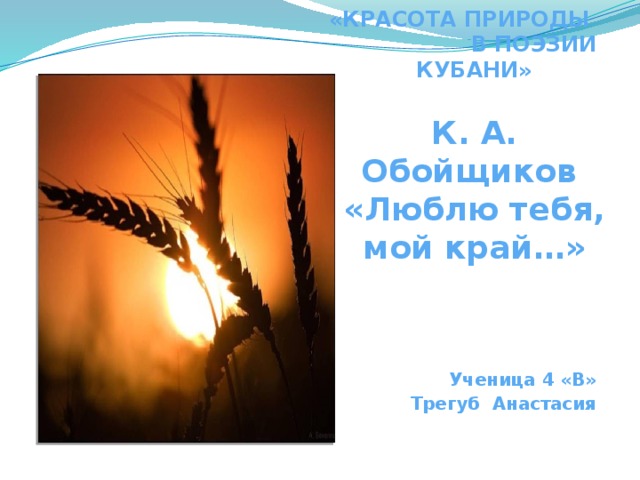   «КРАСОТА ПРИРОДЫ В ПОЭЗИИ КУБАНИ»   К. А. Обойщиков  «Люблю тебя, мой край…»     Ученица 4 «В» Трегуб Анастасия 