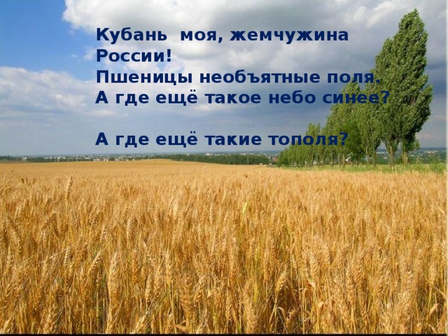   Кубань моя, жемчужина России!  Пшеницы необъятные поля.  А где ещё такое небо синее?  А где ещё такие тополя? 