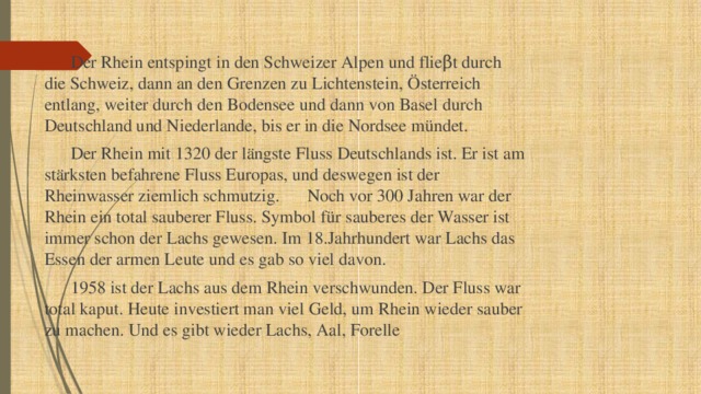  Der Rhein entspingt in den Schweizer Alpen und flieβt durch die Schweiz, dann an den Grenzen zu Lichtenstein, Ӧsterreich entlang, weiter durch den Bodensee und dann von Basel durch Deutschland und Niederlande, bis er in die Nordsee mündet.   Der Rhein mit 1320 der lӓngste Fluss Deutschlands ist. Er ist am stӓrksten befahrene Fluss Europas, und deswegen ist der Rheinwasser ziemlich schmutzig.  Noch vor 300 Jahren war der Rhein ein total sauberer Fluss. Symbol für sauberes der Wasser ist immer schon der Lachs gewesen. Im 18.Jahrhundert war Lachs das Essen der armen Leute und es gab so viel davon.  1958 ist der Lachs aus dem Rhein verschwunden. Der Fluss war total kaput. Heute investiert man viel Geld, um Rhein wieder sauber zu machen. Und es gibt wieder Lachs, Aal, Forelle 