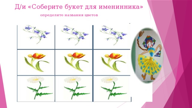Д/и «Соберите букет для именинника»   определите названия цветов 