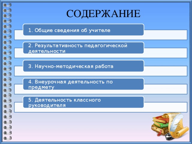  СОДЕРЖАНИЕ 1. Общие сведения об учителе 2. Результативность педагогической деятельности 3. Научно-методическая работа 4. Внеурочная деятельность по предмету 5. Деятельность классного руководителя 