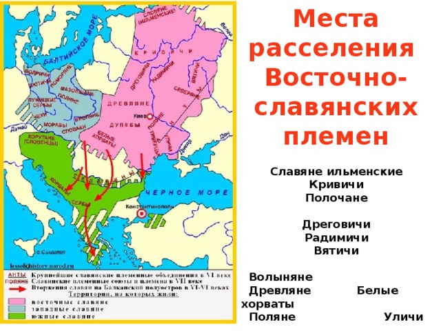 Места расселения Восточно-славянских племен Славяне ильменские Кривичи Полочане  Дреговичи Радимичи Вятичи  Волыняне  Древляне Белые хорваты  Поляне Уличи  Северяне Тиверцы 