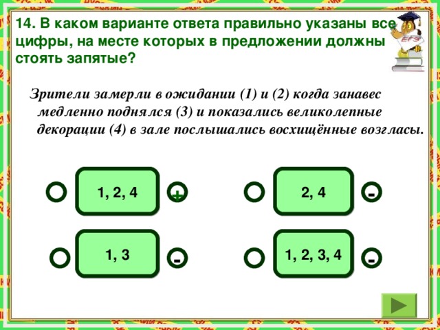 14. В каком варианте ответа правильно указаны все цифры, на месте которых в предложении должны стоять запятые?   Зрители замерли в ожидании (1) и (2) когда занавес медленно поднялся (3) и показались великолепные декорации (4) в зале послышались восхищённые возгласы. 1, 2, 4 2, 4 + - 1, 2, 3, 4 1, 3 - -