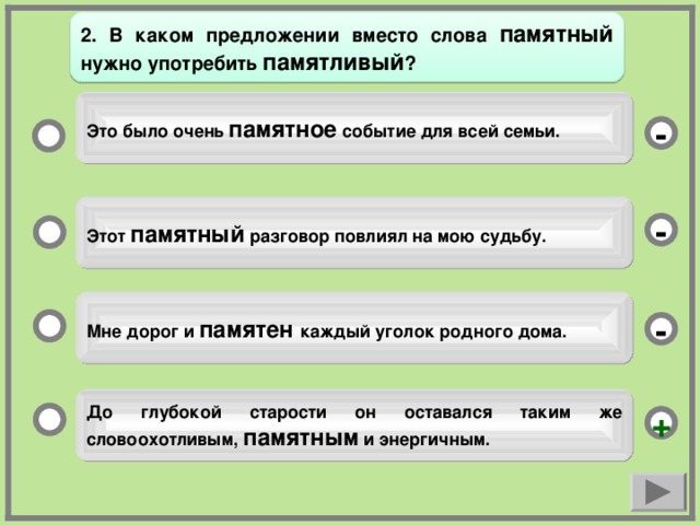 2. В каком предложении вместо слова памятный нужно употребить памятливый ? Это было очень памятное событие для всей семьи. - Этот памятный разговор повлиял на мою судьбу. - Мне дорог и памятен каждый уголок родного дома. - До глубокой старости он оставался таким же словоохотливым, памятным и энергичным. +