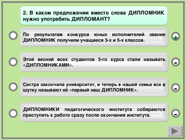 2. В каком предложении вместо слова ДИПЛОМНИК нужно употребить ДИПЛОМАНТ? По результатам конкурса юных исполнителей звание ДИПЛОМНИК получили учащиеся 3-х и 5-х классов.  + Этой весной всех студентов 5-го курса стали называть «ДИПЛОМНИКАМИ».  - Сестра закончила университет, и теперь в нашей семье все в шутку называют её «первый наш ДИПЛОМНИК».  - ДИПЛОМНИКИ педагогического института собираются  приступить к работе сразу после окончания института.  -