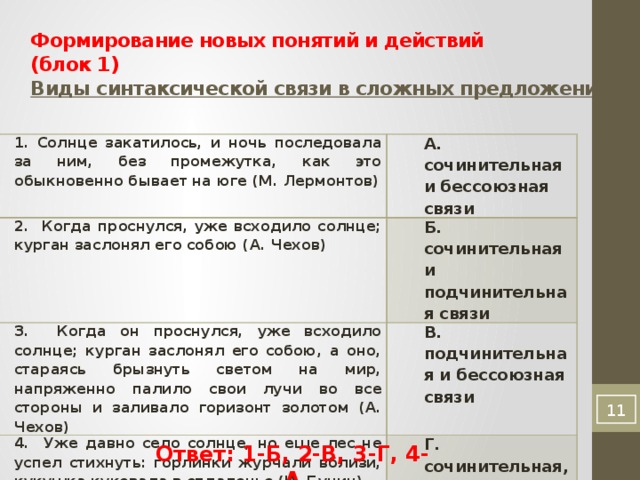 Формирование новых понятий и действий  (блок 1)  Виды синтаксической связи в сложных предложениях. 1. Солнце закатилось, и ночь последовала за ним, без промежутка, как это обыкновенно бывает на юге (М. Лермонтов) А. сочинительная и бессоюзная связи 2. Когда проснулся, уже всходило солнце; курган заслонял его собою (А. Чехов) Б. сочинительная и подчинительная связи 3. Когда он проснулся, уже всходило солнце; курган заслонял его собою, а оно, стараясь брызнуть светом на мир, напряженно палило свои лучи во все стороны и заливало горизонт золотом (А. Чехов) В. подчинительная и бессоюзная связи 4. Уже давно село солнце, но еще лес не успел стихнуть: горлинки журчали вблизи, кукушка куковала в отдаленье (И. Бунин) Г. сочинительная, подчинительная и бессоюзная связь  Ответ: 1-Б, 2-В, 3-Г, 4-А