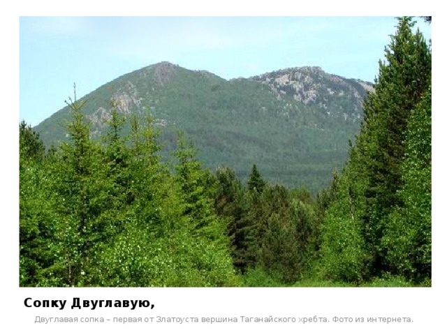 Сопку Двуглавую, Двуглавая сопка – первая от Златоуста вершина Таганайского хребта. Фото из интернета.