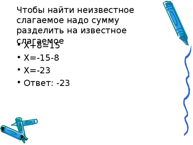 Чтобы найти неизвестное слагаемое надо сумму разделить на известное слагаемое Х+8=15 Х=-15-8 Х=-23 Ответ: -23 