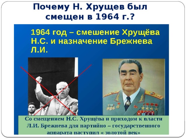 Почему Н. Хрущев был смещен в 1964 г.? 