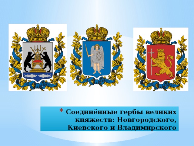 Что изображено на гербе новгорода. Герб великих княжеств Киевского, Владимирского и Новгородского. Великие княжества герб в Российской империи. Великое княжество Владимирское герб. Герб Новгородского княжества.