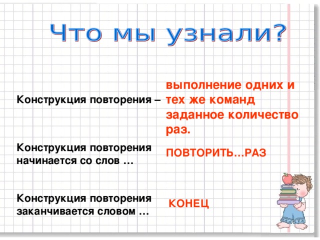 выполнение одних и тех же команд заданное количество раз. Конструкция повторения – Конструкция повторения начинается со слов … ПОВТОРИТЬ…РАЗ Конструкция повторения заканчивается словом … КОНЕЦ 