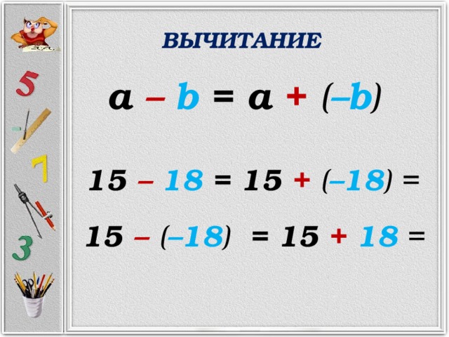 ВЫЧИТАНИЕ а –  b = a +  ( –b ) 15 –  18 = 15 +  ( –18 ) = 15 –  ( –18 ) = 15 +  18 = 