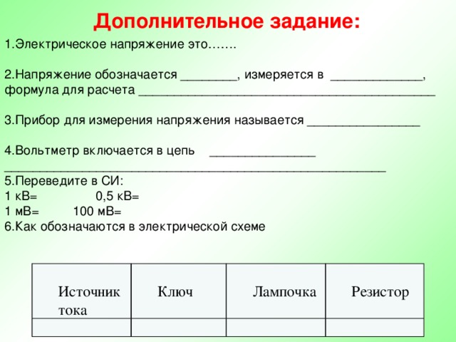 Дополнительное задание: 1.Электрическое напряжение это……. 2.Напряжение обозначается ________, измеряется в _____________, формула для расчета __________________________________________ 3.Прибор для измерения напряжения называется ________________ 4.Вольтметр включается в цепь  _______________ ______________________________________________________ 5.Переведите в СИ: 1 кВ=    0,5 кВ= 1 мВ=    100 мВ= 6.Как обозначаются в электрической схеме Источник тока Ключ Лампочка Резистор 